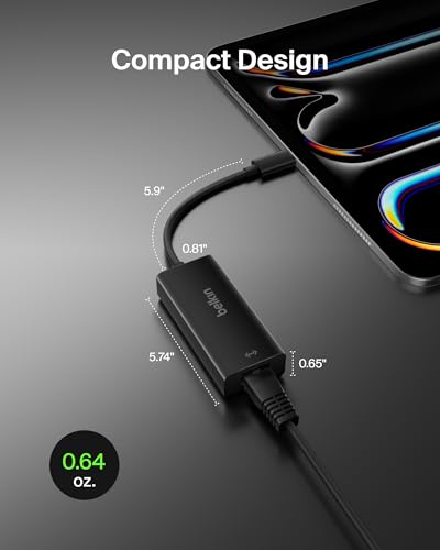 Belkin USB-C to Ethernet Adapter, Gigabit Ethernet Port Compatible w/ USB-C Devices, USB-C to Ethernet Cable for MacBook Pro & Dell XPS 13” Laptops, Ethernet USB-C Hub, Ethernet USB-C Adapter - Black - style: Ethernet Adapter Only