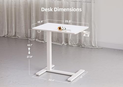 Claiks Mobile Standing Desk with Cup Holder Overbed Table 25.5" White | Cup Holder, Rolling Adjustable Desk, Hidden Wheels, Gas Spring Lift, Side Hook, Easy Assembly, Hospital Use - color: White