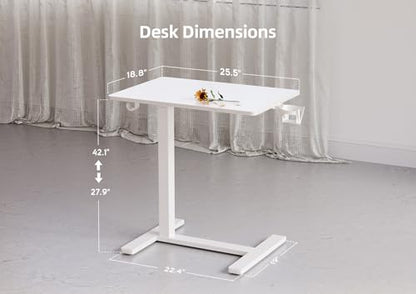Claiks Mobile Standing Desk with Cup Holder Overbed Table 25.5" White | Cup Holder, Rolling Adjustable Desk, Hidden Wheels, Gas Spring Lift, Side Hook, Easy Assembly, Hospital Use - color: White