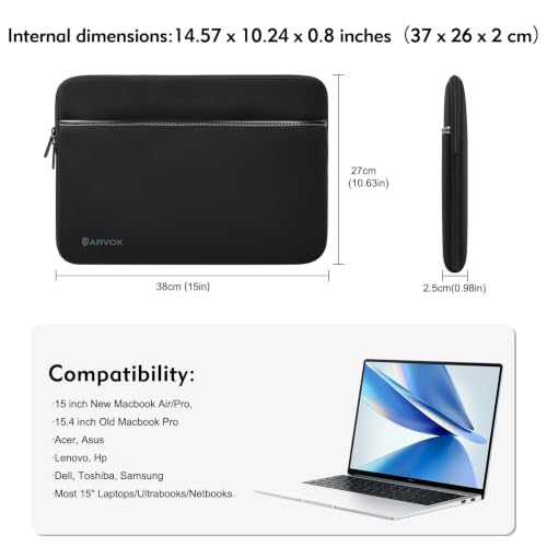 ARVOK Laptop Sleeve for MacBook Air/Pro, Notebook Computer Tablet Pouch Cover for HP/Dell/Lenovo/Asus/Acer/Samsung, Water Resistant Neoprene Laptop Case with Pocket, Black (15 inch) - size: 15 inch