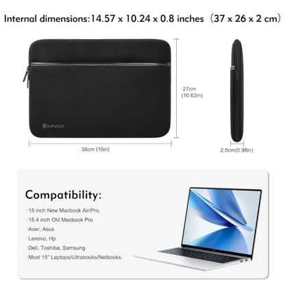 ARVOK Laptop Sleeve for MacBook Air/Pro, Notebook Computer Tablet Pouch Cover for HP/Dell/Lenovo/Asus/Acer/Samsung, Water Resistant Neoprene Laptop Case with Pocket, Black (15 inch) - size: 15 inch