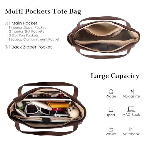 befen Genuine Leather Tote Bag for Women Work Travel Leather Purse Handbags | Real Leather, Padded 14" Laptop Compartment, Multi-Pockets, Zipper, Tote Bag for Daily - color: Coffee