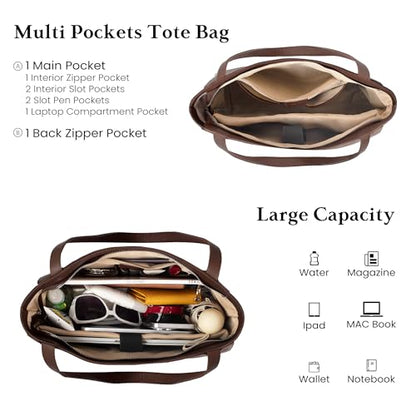 befen Genuine Leather Tote Bag for Women Work Travel Leather Purse Handbags | Real Leather, Padded 14" Laptop Compartment, Multi-Pockets, Zipper, Tote Bag for Daily - color: Coffee