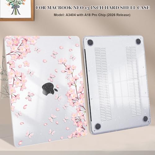 for MacBook Neo 13 inch Case 2026 (Model A3404), Glitter Printed Pattern Hard Shell Laptop Case with Keyboard Cover & Screen Film, Slim Plastic Protective Cover, Cherry Blossom Shiny - color: Cherry Blossom Shiny