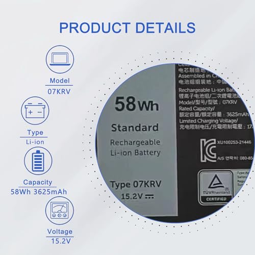 JOTACT 07KRV 58Wh Battery Replacement for Dell Latitude 5530 5430 5330 Precision P137G004 P137G006 3570 P104F005 P104F006 Laptop Series Notebook H4PVC O7KRV 0H4PVC Y86WG 0Y86W 15.2V 3625mAh 4-Cells - size: 9.72*3.74*0.19 inch 07KRV