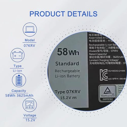 JOTACT 07KRV 58Wh Battery Replacement for Dell Latitude 5530 5430 5330 Precision P137G004 P137G006 3570 P104F005 P104F006 Laptop Series Notebook H4PVC O7KRV 0H4PVC Y86WG 0Y86W 15.2V 3625mAh 4-Cells - size: 9.72*3.74*0.19 inch 07KRV