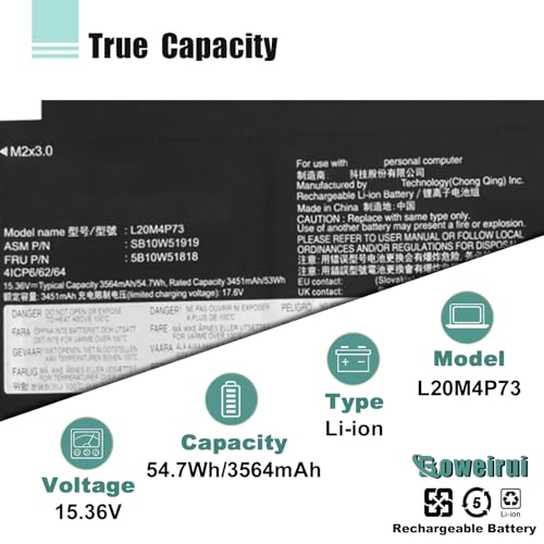 54.7Wh L20M4P73 L20C4P73 Laptop Battery Replacement for Lenovo ThinkPad X13 Gen2 (2021) X13 Gen3 (2022) Series L20L4P73 L20D4P73 5B10W51818 5B10W51853 15.36V 3564mAh - size: 11.06*3.94*0.21inch L20M4P73
