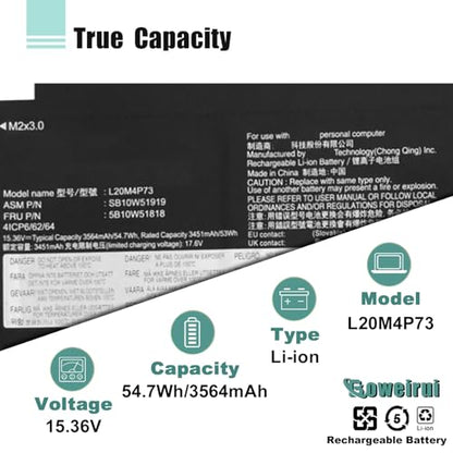 54.7Wh L20M4P73 L20C4P73 Laptop Battery Replacement for Lenovo ThinkPad X13 Gen2 (2021) X13 Gen3 (2022) Series L20L4P73 L20D4P73 5B10W51818 5B10W51853 15.36V 3564mAh - size: 11.06*3.94*0.21inch L20M4P73