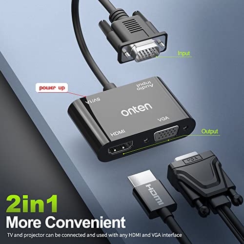 ONTEN VGA to HDMI VGA Adapter, VGA Splitter 1 VGA in HDMI VGA 2 Out, VGA to HDMI VGA Adapter for Computer, Desktop, Laptop, PC, Monitor, Projector Work Need Power