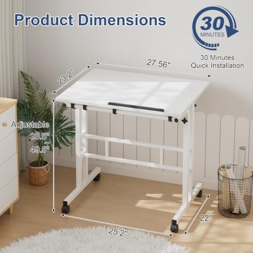 VECELO Mobile Small Standing Desk Adjustable Height, Computer Workstations with Tiltable Tabletop, Lockable Wheels, Portable Rolling Laptop Desk for Home Office, White - color: White