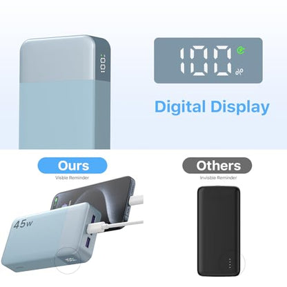 NOBIS Portable Charger 45W 20000mAh Power Bank Fast Charging | 2C+2A Battery Pack with C to C Cable, Battery Bank with Digital Display for iPhone Android Laptop etc - color: Light Blue