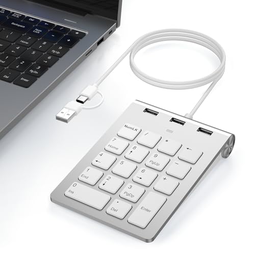 Wired Numeric Keypad with USB-C & USB-A – 18 Keys Number Pad, Built-in 3-Port USB 2.0 Hub, 15° Ergonomic Numpad for Laptop, Desktop, Surface, iPad – Plug & Play for Windows, macOS, Chrome OS