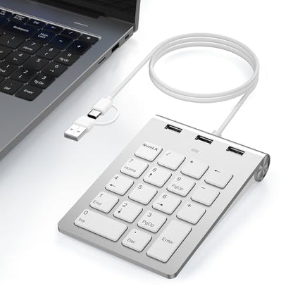 Wired Numeric Keypad with USB-C & USB-A – 18 Keys Number Pad, Built-in 3-Port USB 2.0 Hub, 15° Ergonomic Numpad for Laptop, Desktop, Surface, iPad – Plug & Play for Windows, macOS, Chrome OS