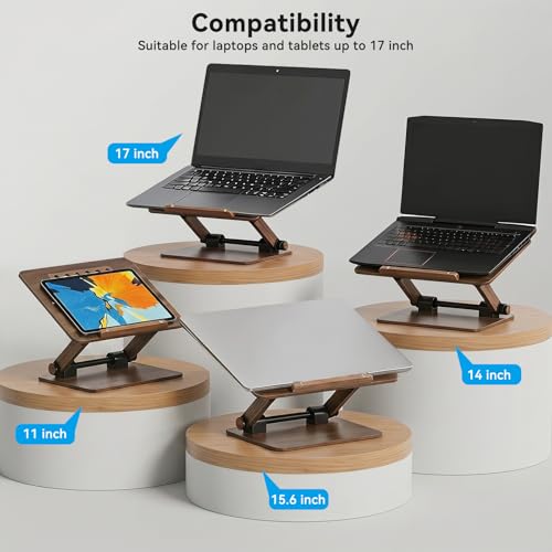 aceyoon Walnut Wood Laptop Stand 180° Adjustable Retro Style Foldable Notebook Riser Heat Dissipation Vintage Desktop Book Stands Natural Grain Laptop Bracket Compatible with 10-15.6” Laptops