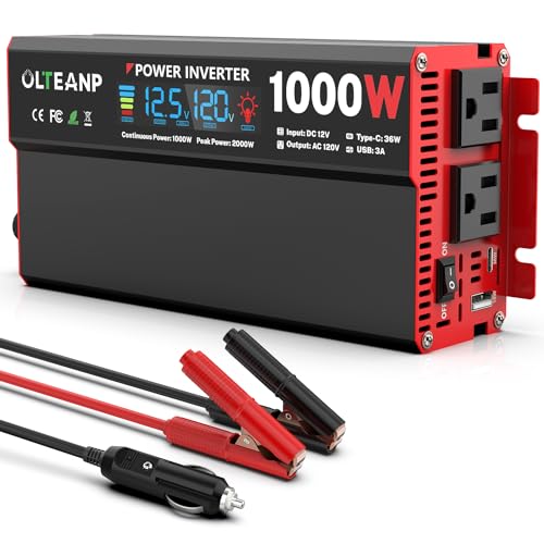 1000 Watt Power Inverter 12V DC to 110V/120V AC Car Inverter with LCD Screen Display, 2 AC Outlets, 36W Type-C Port, 5V/3A USB Port, Car Power Converter for Truck, Home, Vehicles, Laptop, Trip - size: 1000W