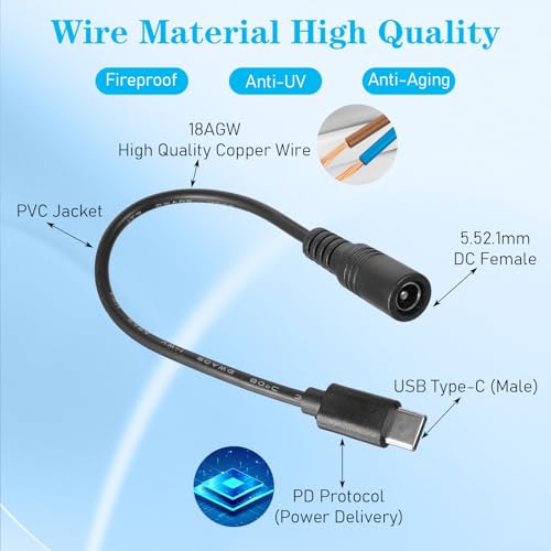 2Pcs 6 Inch DC Female to USB C Power Cord USB C to DC Adapter, DC5521 Female Male Plug, 5V 3A Power Charging Cable Extension Cord