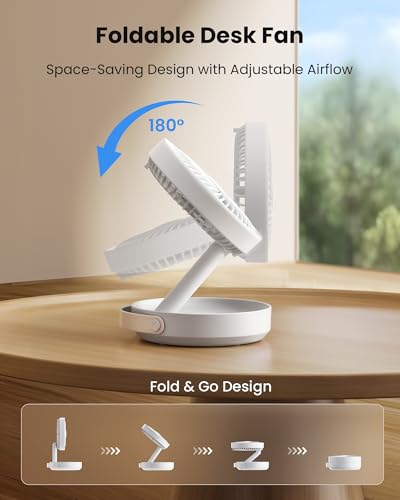 Gaiatop Foldable Desk Fan with Night Light, 6.8in Portable Travel Fan | 6000mAh Battery Powered Fan, USB Rechargeable, Bedroom Office Camping Travel & Cruise Essentials, Gifts for Women Men, White - color: White