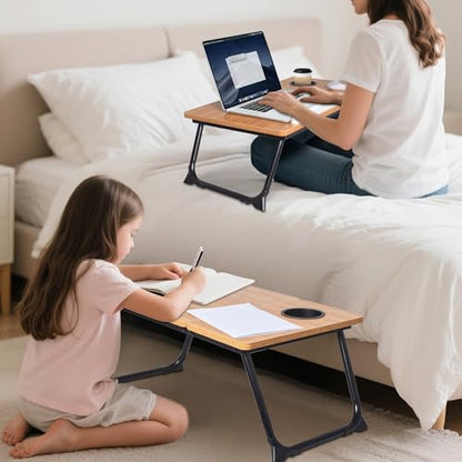 Adjustable Laptop Bed Table with Book Stand, Portable Reading Desk with Side Panel, Wood Grain - color: Bamboo Wood