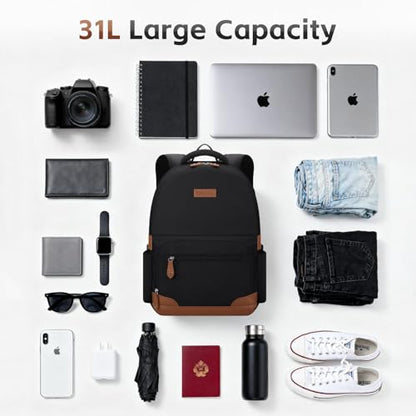 RealCool 15.6-17.3" Laptop Backpack, 31L Water Resistant Travel Bag | Independent frame opening, lightweight ,multi-compartments, ergonomic padded straps, luggage belt, for School,Business Trip - color: Black