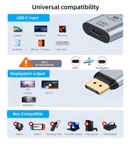USB C to DisplayPort Adapter with USB C Video Cable, 4K@60Hz Uni-Directional USB C Female to DP Male Adapter, Thunderbolt 4/3 to DP Converter Compatible with i-/Phone 17, Galaxy, MacBok Pro- 2 Pack - size: USB C-04