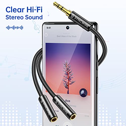 Headphone Splitter, Syncwire Nylon-Braided 3.5mm Extension Cable Audio Stereo Y Splitter (Hi-Fi Sound), Male to 2 Ports Female Headset Splitter for Apple, Samsung, Tablets & More (No Mic) - color: Black