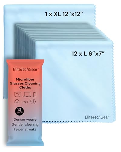 Elite Tech Gear Large Microfiber Cleaning Cloth (13-Pack) - 1-pc 12" x 12" and 12-pc 6"x7" - Glasses Cleaning Cloth for TV Screens, Camera Lenses and Tablets (Blue) - color: Blue, size: 12'' x 12'' (Pack of 13)