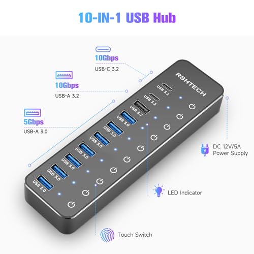 Powered USB Hub, RSHTECH 10-Port USB 3.2/USB C Hub 60W with 10Gbps USB-A 3.2, 2 USB-C 3.2, 7 USB 3.0 Ports, Individual Touch Switches and 3.3ft Cable, Hybrid USB Splitter for Laptop/PC, RSH-ST10C