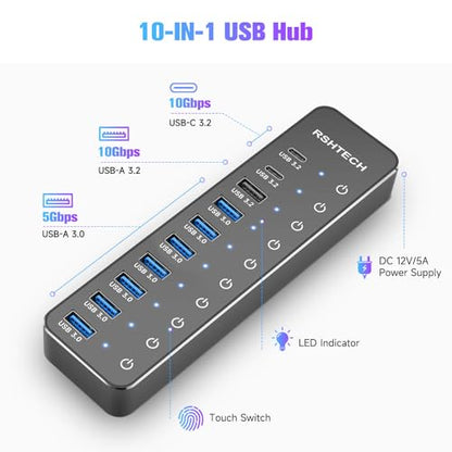 Powered USB Hub, RSHTECH 10-Port USB 3.2/USB C Hub 60W with 10Gbps USB-A 3.2, 2 USB-C 3.2, 7 USB 3.0 Ports, Individual Touch Switches and 3.3ft Cable, Hybrid USB Splitter for Laptop/PC, RSH-ST10C