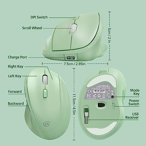 Micropack Ergonomic Vertical Wireless Bluetooth Mouse for Laptop MacBook PC Rechargeable Silent Click 3-Mode Multi-Device 2.4G Adjustable DPI Compatible with Windows Android iOS MacOS Green - color: Green, size: Rechargeable 3-Mode