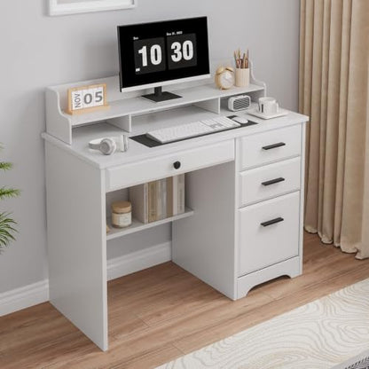 4 EVER WINNER White Desk with Drawers, Small Desk with File Drawer for Small Spaces, Writing Desk with Monitor Stand Wood Table for Study Home Office, White - color: White