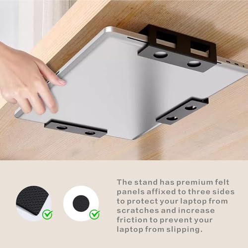 Under Desk Laptop Mount, 3Pcs Metal Laptop Holder for Desk | with Anti-Scratch Silicone Pad, Supports 1.2" Thick Devices (Black)