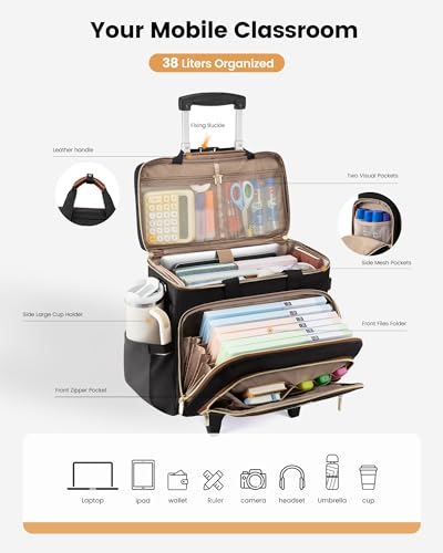 LOVEVOOK Rolling Teacher Bag, Laptop Tote with Detachable Dolly | Fits 17.3 Inch Laptop, Detachable Dolly, Large Rolling Tote Bag for Teacher Office Work Nurse, Adjustable Handle - color: Black-brown