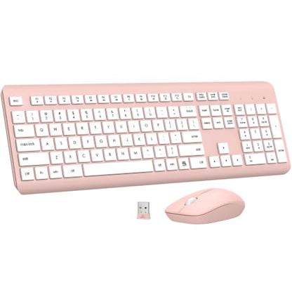 Wireless Keyboard and Mouse Combo, Full-Size Silent Ergonomic Keyboard and Optical Mouse, Long Battery Life, 2.4G Lag-Free Mice Keyboard for Computer, Mac, Laptop, PC, Windows(White Pink) - color: White Pink