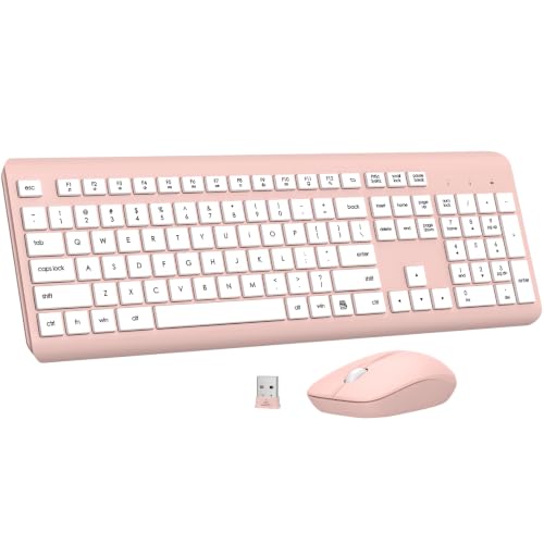 Wireless Keyboard and Mouse Combo, Full-Size Silent Ergonomic Keyboard and Optical Mouse, Long Battery Life, 2.4G Lag-Free Mice Keyboard for Computer, Mac, Laptop, PC, Windows(White Pink) - color: White Pink