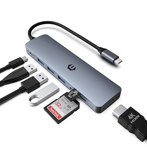 USB C HUB, 7 in 1 Laptop Multiport Adapter Hub, HDMI Output, 100W Power Delivery, 3 x USB 3.0 Ports, SD/TF Reader, Perfect for USB C Laptops Dell XPS/HP/Surface and More