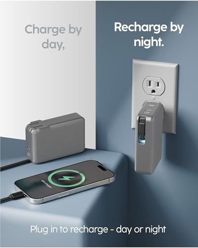 myCharge RetractaCharger 10000mAh Portable Charger Power Bank with 28-Inch Retractable USB-C Cable | Built-in Wall Plug | 30W PD Fast Charging | USB-C & A Ports | Digital Display | Grey - color: With Wall Plug