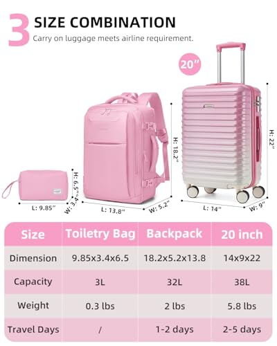 LARVENDER Carry on Luggage 22x14x9 Airline Approved, Expandable 20 Inch Hardside Large Suitcase with Wheels TSA Lock, Lightweigh PC+ABS Travel Carry-on Suitcases for Women and Men, Peach Sparkling - color: Peach-Sparkling (XL-BP), size: 3 Piece Set (Backp