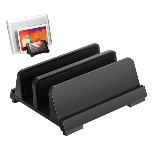 KALLORY Laptop Vertical Stand Adjustable Tablet Holder with Padded Nonslip Base Desk Space Organizer for Efficient Workspace Dual Slots to Maximize Office Desk Clutter
