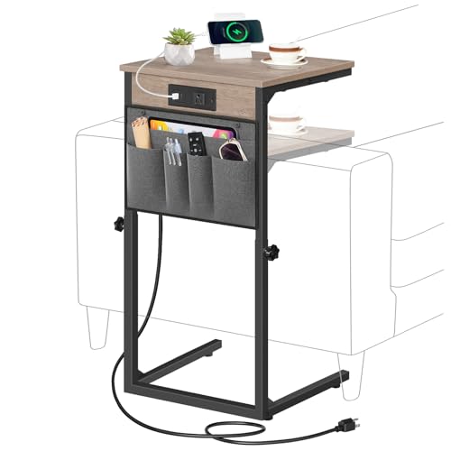 HOOBRO C Shaped End Table with Charging Station, 30” Adjustable Height Sofa Side Table with Storage Pocket, Slide Under Couch Table for Sofa Arm Tray, for Living Room, Bedroom, Greige BG77USF01 - color: Greige + Black