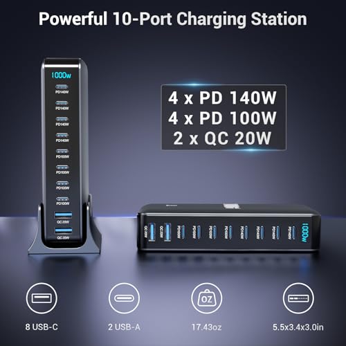 1000W USB C Charging Station, 10 Port GaN Desktop Charger, Multi Device Fast Charging Station with PD USB C Ports, High Power Charging Hub for Laptop, Tablet, iPhone, Office & Home - color: 1000W
