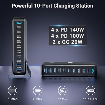 1000W USB C Charging Station, 10 Port GaN Desktop Charger, Multi Device Fast Charging Station with PD USB C Ports, High Power Charging Hub for Laptop, Tablet, iPhone, Office & Home - color: 1000W