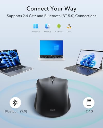 ESR MagMouse Snap-to-Carry Bluetooth Mouse, Rechargeable Wireless Mouse for Laptop with Built-in Charging Cable, Reusable Adhesive Holder, BT 5.0 + 2.4 GHz Connectivity, Silent, Ergonomic, Black - color: Black