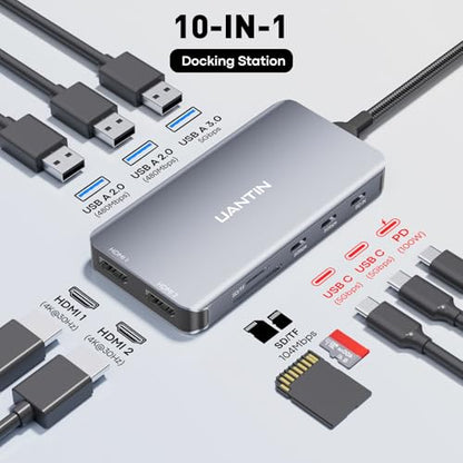 UANTIN Laptop Docking Station Dual Monitor, 10-in-1 USB C Hub with 4K HDMI | HDMI Splitter for Dual Monitor Extended Display Adapter with USBC & USBA 3.0, SD/TF, 100W PD for Dell,HP,Mac
