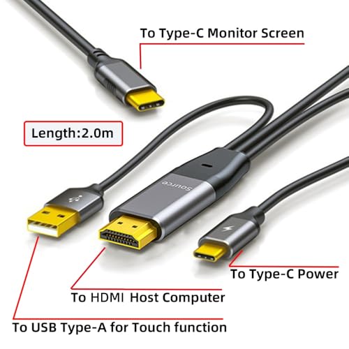 cablecc 4K HDMI Source to Type C USB-C Touch Screen Displays Male 4K HDTV Cable for Laptop Monitor 2.0m - style: HDMI 4K+USBC+USBA