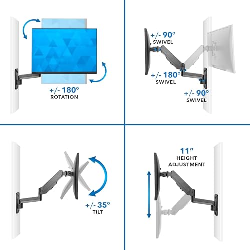 Mount-It Monitor Wall Mount, Gas Spring Arm, Full Motion, 17-32 Inch | Computer Monitor Arm with Cable Management, 11 in Height Range, Tilt Swivel, VESA 75x75 100x100, 17.6 Lbs, Alloy Steel, Black