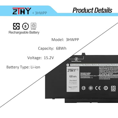 3HWPP Battery Replacement for Dell Latitude 5401 5410 5411 5501 5510 5511 | Precision 3541 3550 3551 Inspiron 7706 2-in-1 Inspiron 17 7500 7506 2-in-1 Black Laptop 03HWPP 451-BCMN 15.2V 68Wh 4Cell ZTHY - size: 9.45*6.30*0.28 inch 3HWPP