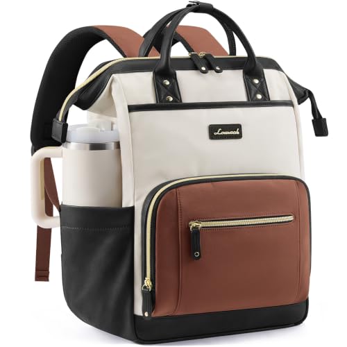 LOVEVOOK Laptop Backpack for Women with Giant Tumbler Holder,17 inch Professional Nurse Teacher Backpack Computer Laptop Bag,Cute Waterproof Travel Backpack Purse Work College Bag, Beige-Black-Brown - color: Beige-black-brown, size: 17 Inch