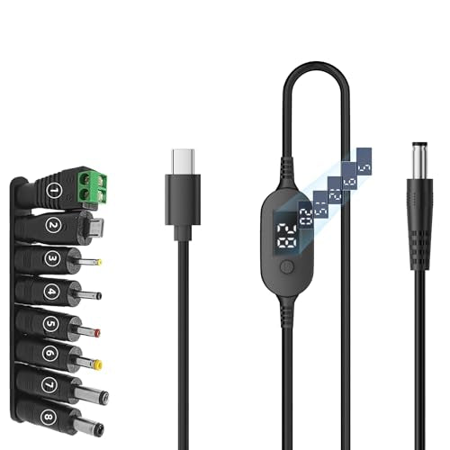 100W PD Power Charger USB-C to DC Adjustable PD Cable with Digital Display, 40 Inches, Black, Multiple Voltage Settings, Male to Male DC 5V 9V 12V 15V 20V Adapter Cable (Default +8-in-1 DC Tip) - style: Default +8-in-1 Green Gel DC Tip