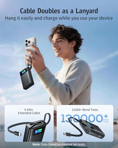 RORRY 45W Portable Charger, 20000mAh Power Bank, iPhone Battery Pack | Fast Charging, Extended Built-in USB C Cable, Smart Display, For iPhone 17/16/15, Galaxy, Pixel, iPad, Travel Essential - color: Sliver