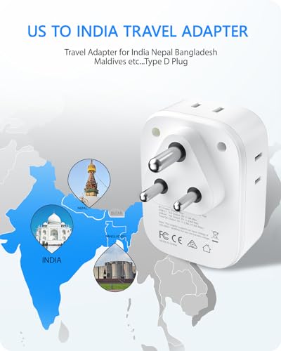 LENCENT US to India Power Plug Adapter, Indian Travel Adapter | 4 Outlets, 4 USB Ports(2 USB C), Type D Plug Converter for USA to India Nepal Bangladesh Maldives Pakistan, Safe Grounded - style: Type D-17.5W-India Maldives